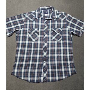 Wrangler‎ Western Shirt Mens Large Plaid Short Sleeve Pearl Snap Blue Cowboy